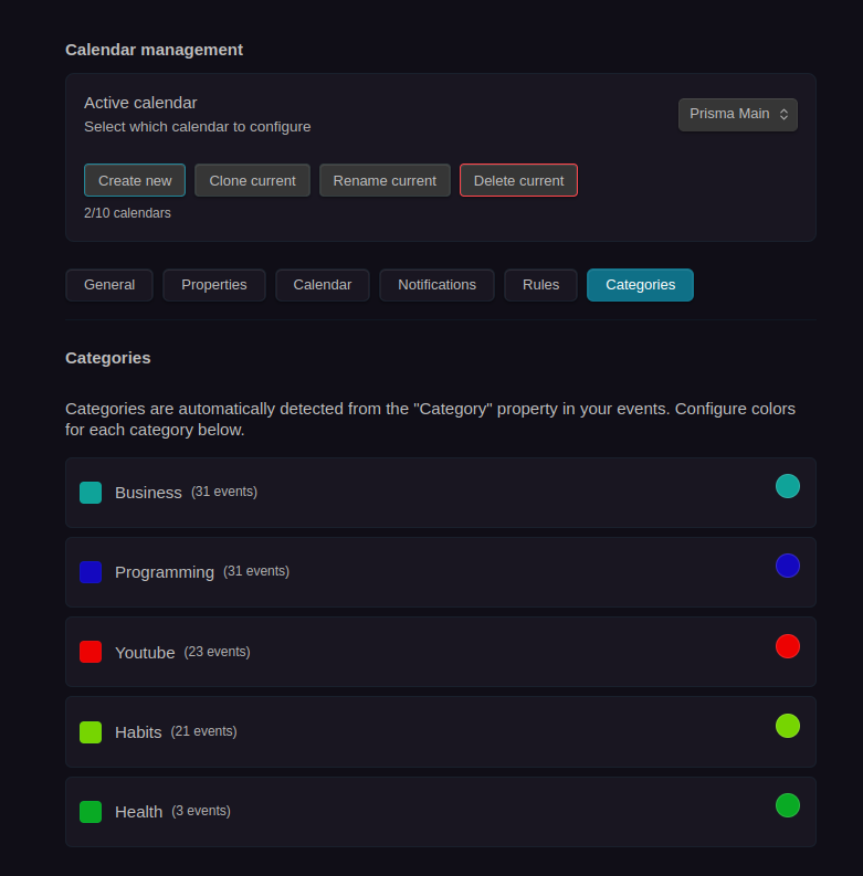 Categories Settings